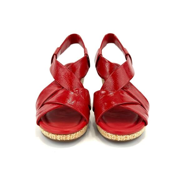 Cole Haan Platform Wedge Sandal Size 9.5 Red Leather Beige Jute Sling Back Comfy - Picture 13 of 16